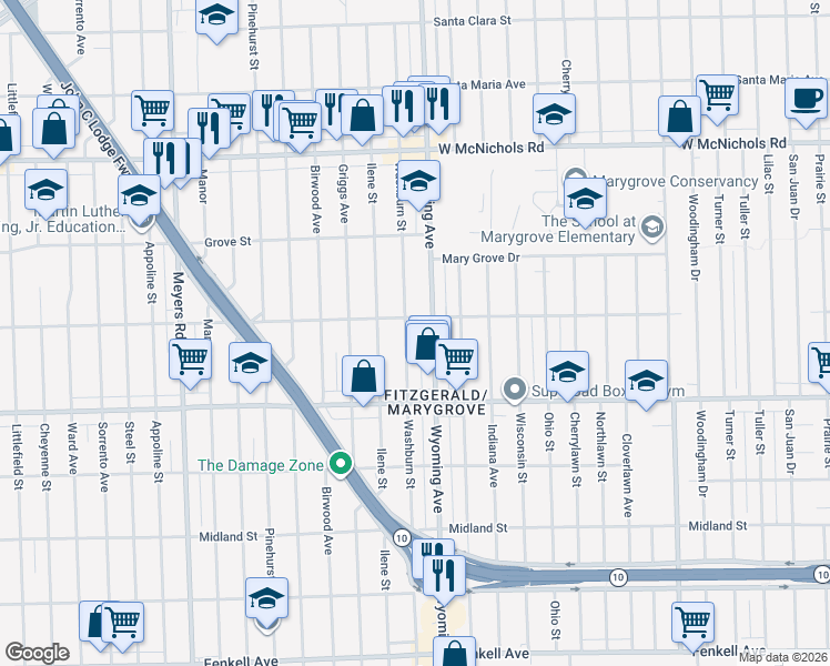 map of restaurants, bars, coffee shops, grocery stores, and more near 16185 Washburn Street in Detroit