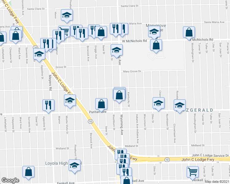 map of restaurants, bars, coffee shops, grocery stores, and more near 16185 Washburn Street in Detroit