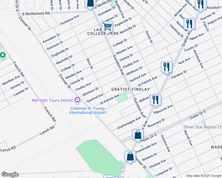 map of restaurants, bars, coffee shops, grocery stores, and more near 11461 Sanford Avenue in Detroit