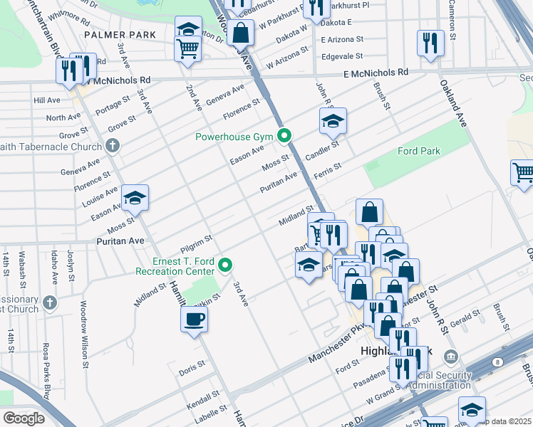 map of restaurants, bars, coffee shops, grocery stores, and more near 81 Pilgrim Street in Highland Park