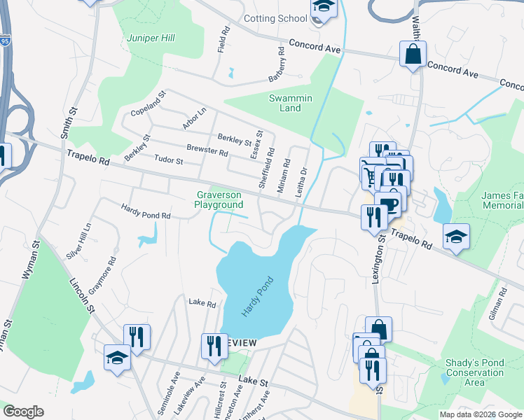 map of restaurants, bars, coffee shops, grocery stores, and more near 44 Grove Road in Waltham