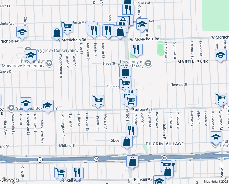 map of restaurants, bars, coffee shops, grocery stores, and more near 16177 Stoepel Street in Detroit