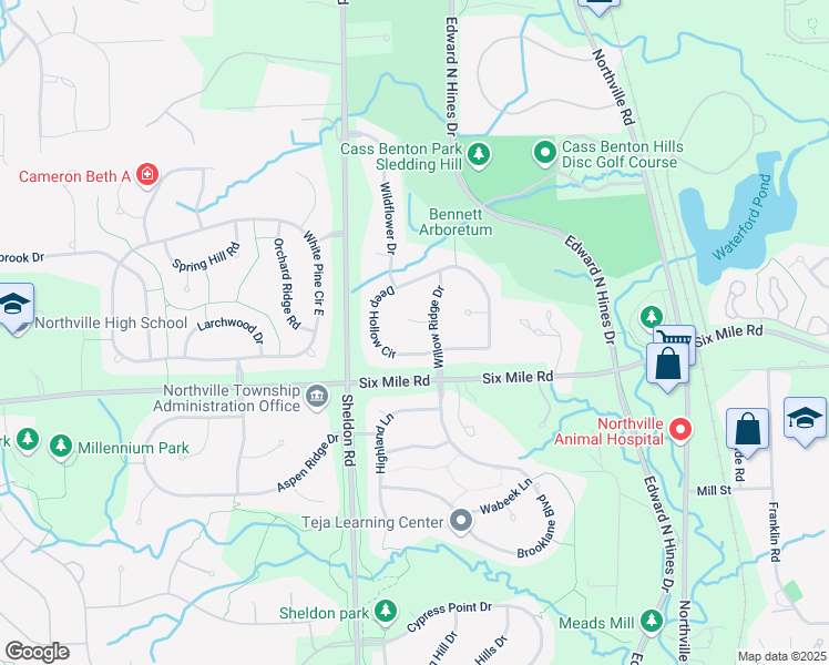 map of restaurants, bars, coffee shops, grocery stores, and more near 44333 Deep Hollow Circle in Northville