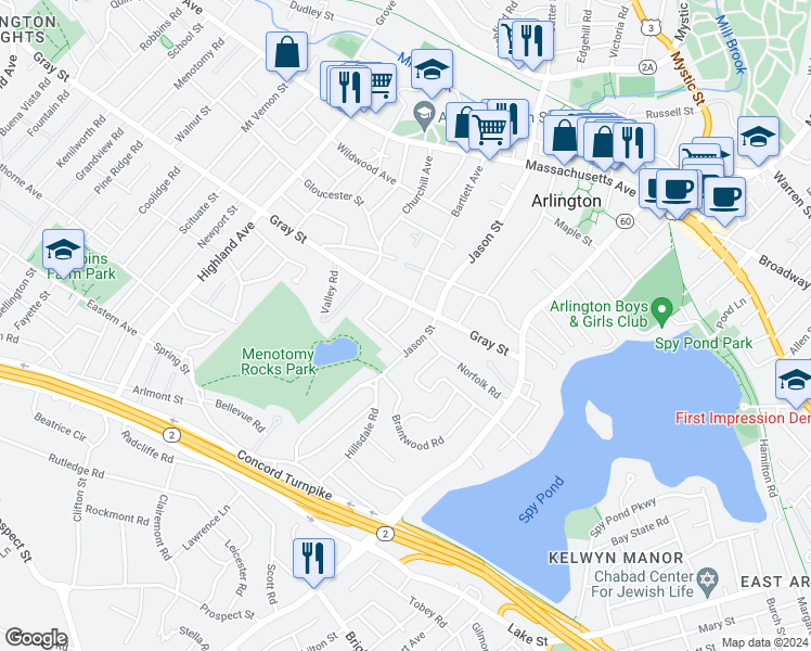 map of restaurants, bars, coffee shops, grocery stores, and more near 104 Bartlett Avenue in Arlington