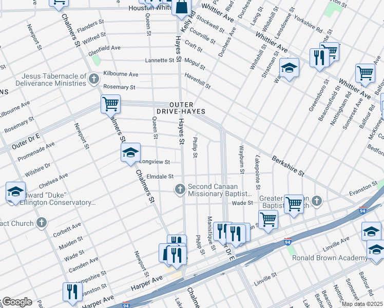 map of restaurants, bars, coffee shops, grocery stores, and more near 9740 Philip Street in Detroit