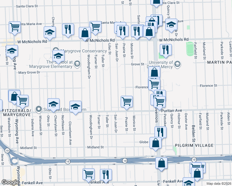 map of restaurants, bars, coffee shops, grocery stores, and more near 16176 Lilac Street in Detroit