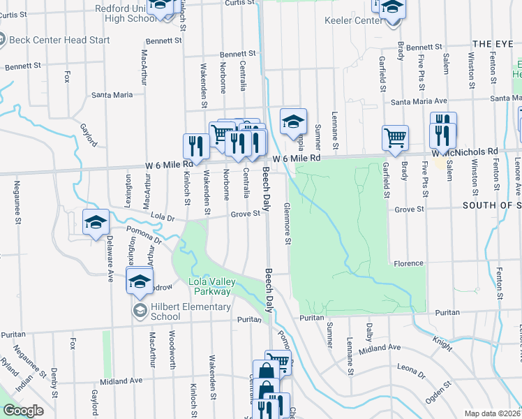 map of restaurants, bars, coffee shops, grocery stores, and more near 16753 Beech Daly in Redford Charter Township