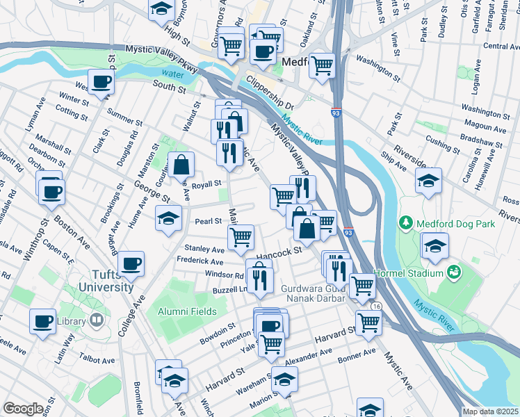 map of restaurants, bars, coffee shops, grocery stores, and more near 25 Brooks Park in Medford