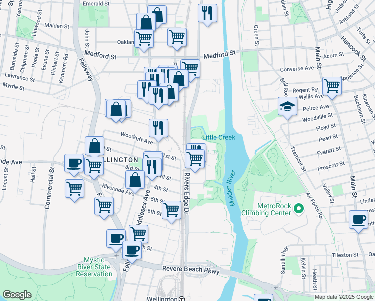 map of restaurants, bars, coffee shops, grocery stores, and more near 400 Rivers Edge Drive in Medford