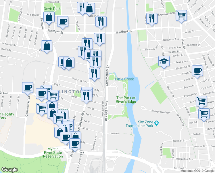 map of restaurants, bars, coffee shops, grocery stores, and more near 281 Rivers Edge Drive in Medford