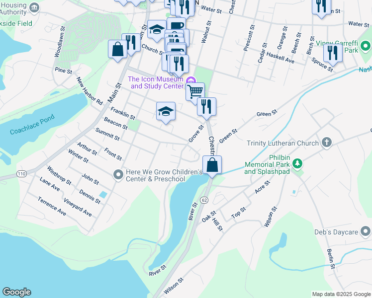 map of restaurants, bars, coffee shops, grocery stores, and more near 76 Grove Street in Clinton