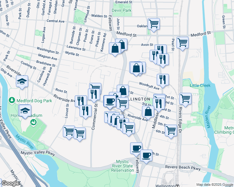 map of restaurants, bars, coffee shops, grocery stores, and more near 838 Fellsway in Medford
