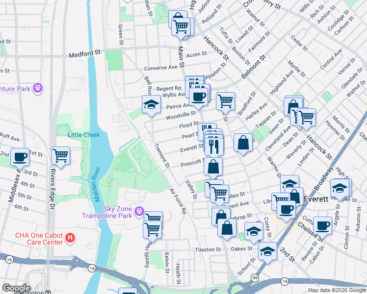 map of restaurants, bars, coffee shops, grocery stores, and more near 47A Pearl Street in Everett