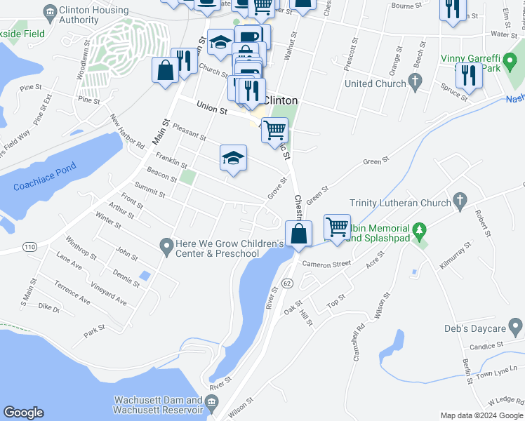 map of restaurants, bars, coffee shops, grocery stores, and more near 74 Grove Street in Clinton