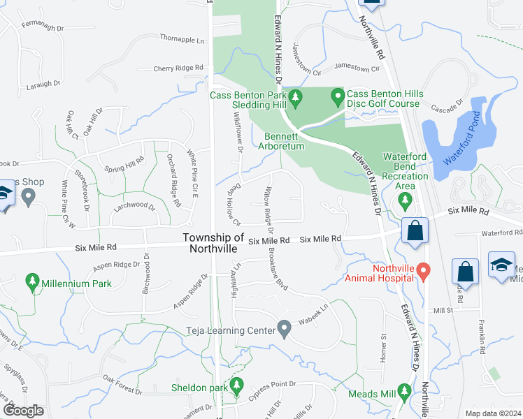 map of restaurants, bars, coffee shops, grocery stores, and more near 17173 Willow Ridge Court in Northville