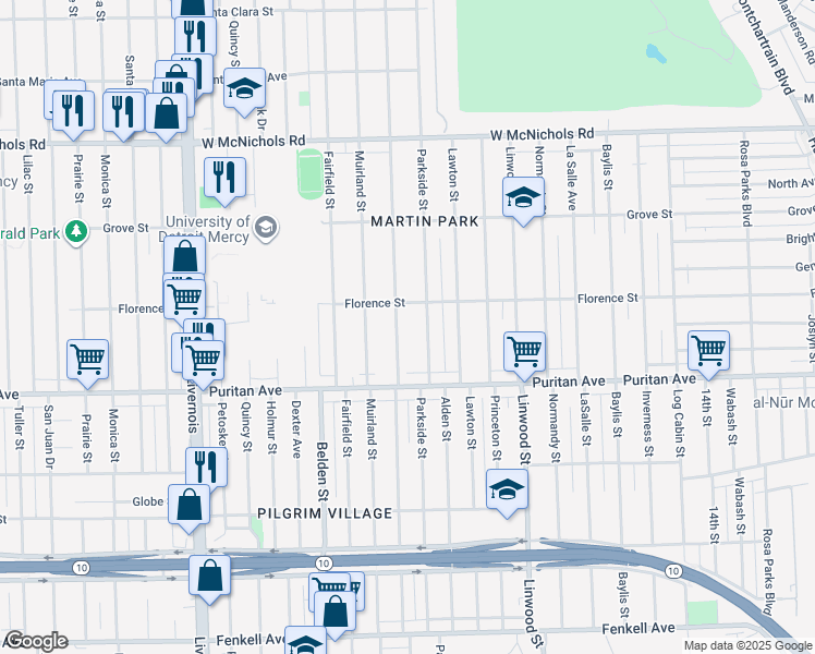 map of restaurants, bars, coffee shops, grocery stores, and more near 16503 Parkside Street in Detroit