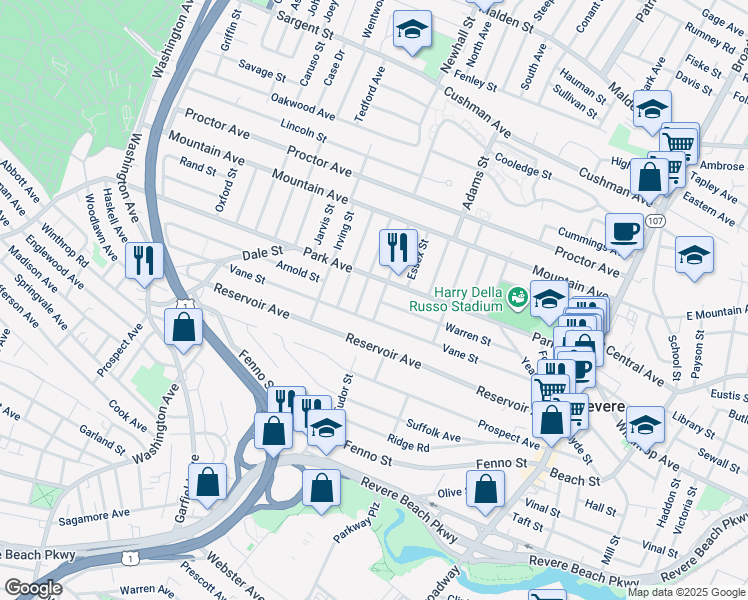 map of restaurants, bars, coffee shops, grocery stores, and more near in Revere