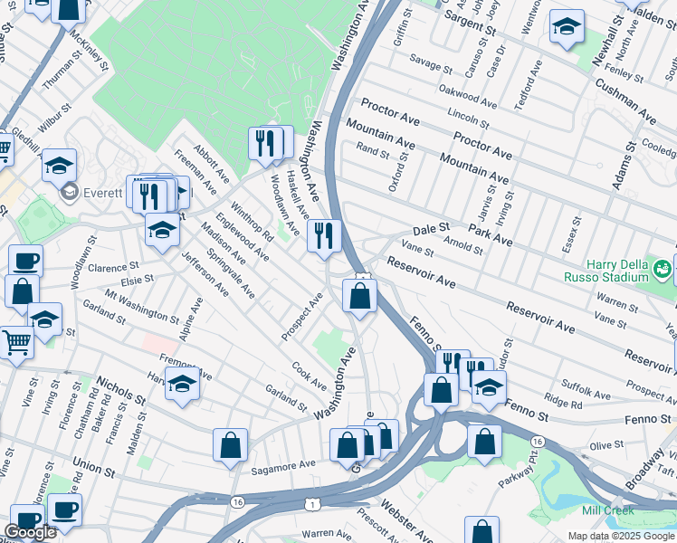 map of restaurants, bars, coffee shops, grocery stores, and more near 487 Prospect Avenue in Revere