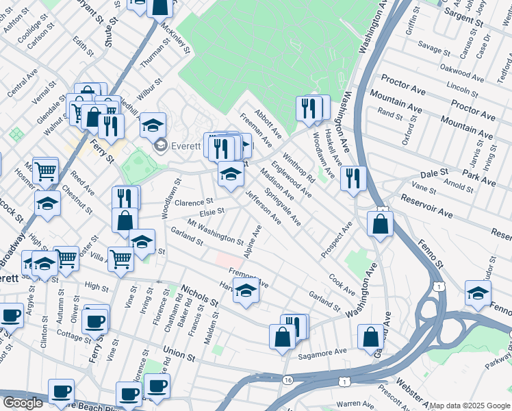 map of restaurants, bars, coffee shops, grocery stores, and more near 209 Springvale Avenue in Everett
