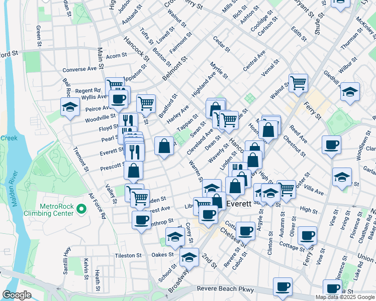 map of restaurants, bars, coffee shops, grocery stores, and more near 63 Swan Street in Everett
