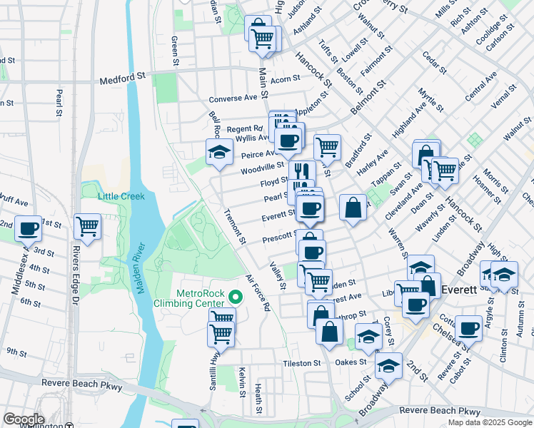 map of restaurants, bars, coffee shops, grocery stores, and more near 47A Pearl Street in Everett