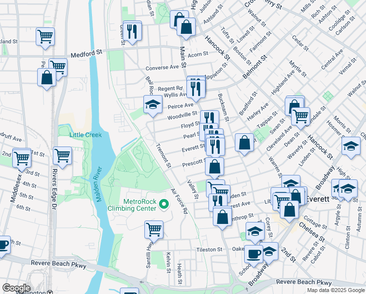map of restaurants, bars, coffee shops, grocery stores, and more near 47A Pearl Street in Everett