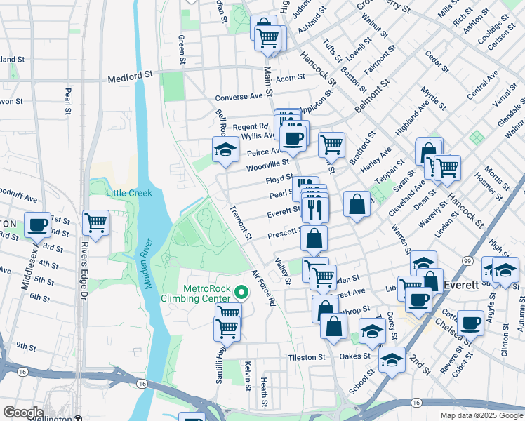 map of restaurants, bars, coffee shops, grocery stores, and more near 47A Pearl Street in Everett