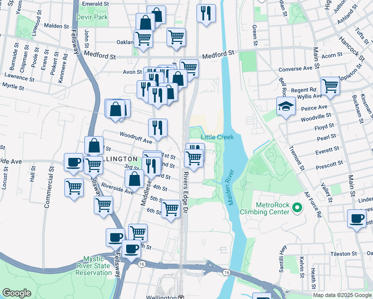 map of restaurants, bars, coffee shops, grocery stores, and more near 2002 Commercial Street in Malden