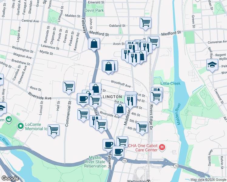 map of restaurants, bars, coffee shops, grocery stores, and more near 97 1st Street in Medford
