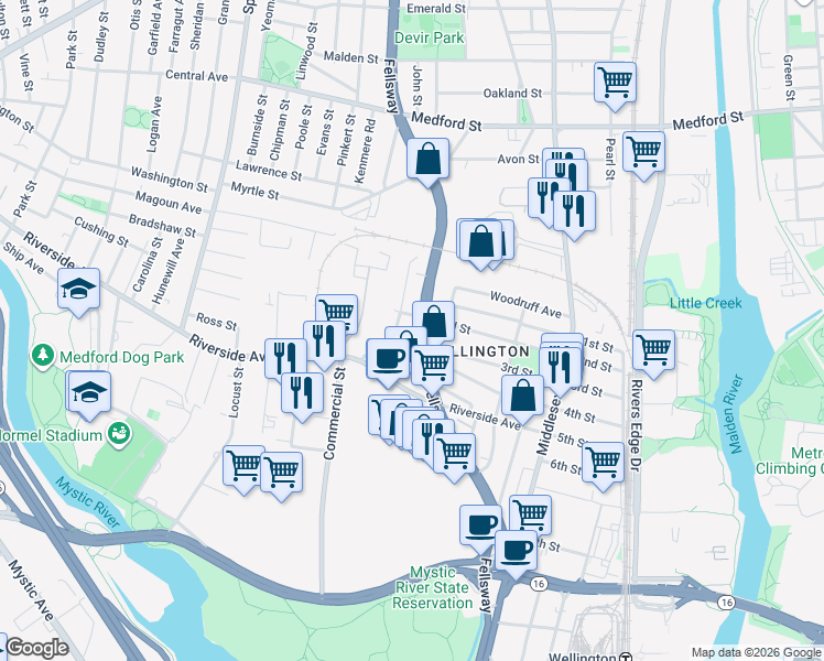 map of restaurants, bars, coffee shops, grocery stores, and more near 862 Fellsway in Medford