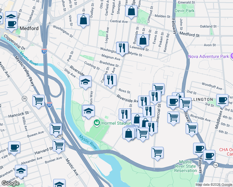 map of restaurants, bars, coffee shops, grocery stores, and more near 19 Spring Street in Medford