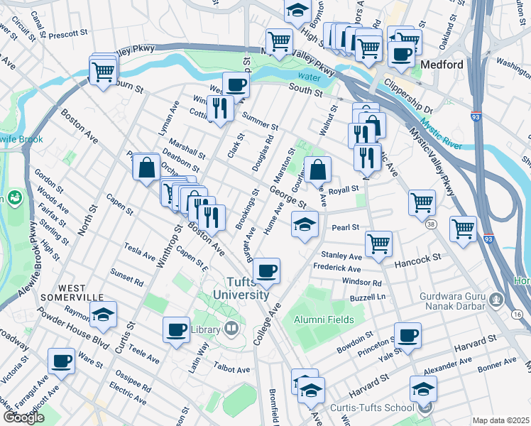 map of restaurants, bars, coffee shops, grocery stores, and more near 8 Burget Avenue in Medford