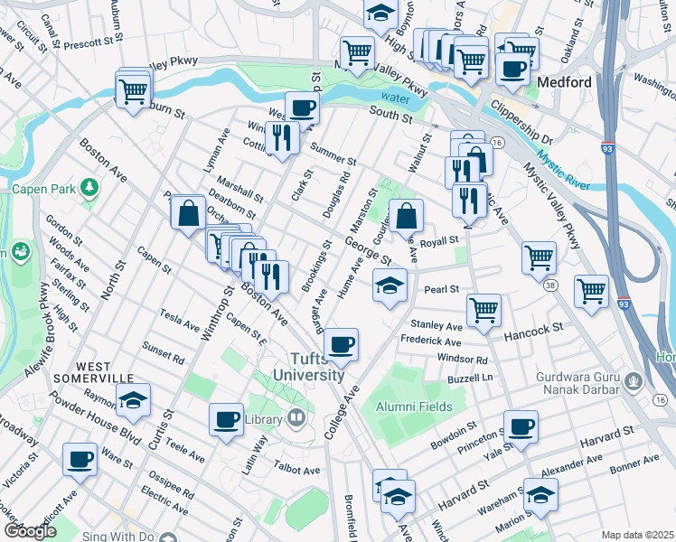 map of restaurants, bars, coffee shops, grocery stores, and more near 8 Burget Avenue in Medford
