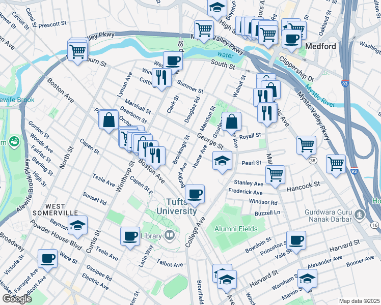 map of restaurants, bars, coffee shops, grocery stores, and more near 8 Burget Avenue in Medford
