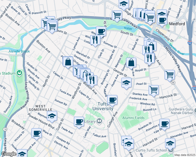map of restaurants, bars, coffee shops, grocery stores, and more near 11 Crowley Road in Medford