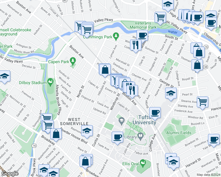 map of restaurants, bars, coffee shops, grocery stores, and more near 308 Boston Avenue in Medford