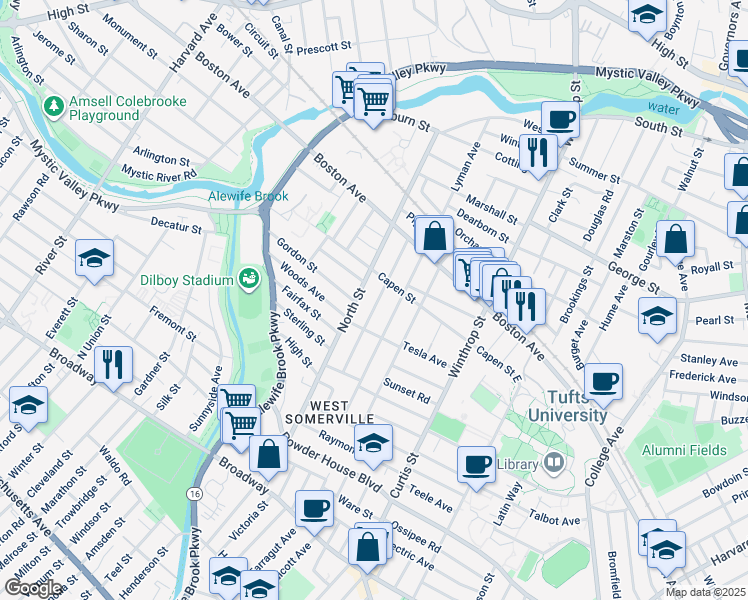 map of restaurants, bars, coffee shops, grocery stores, and more near 113 North Street in Medford