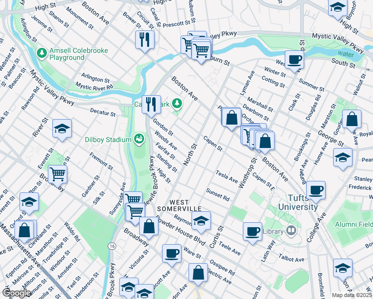 map of restaurants, bars, coffee shops, grocery stores, and more near 29 Gordon Street in Somerville