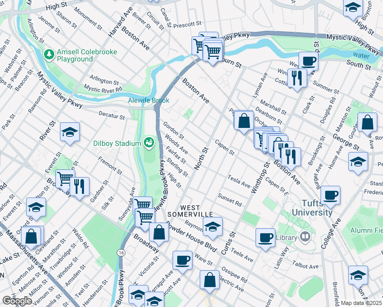 map of restaurants, bars, coffee shops, grocery stores, and more near 29 Gordon Street in Somerville