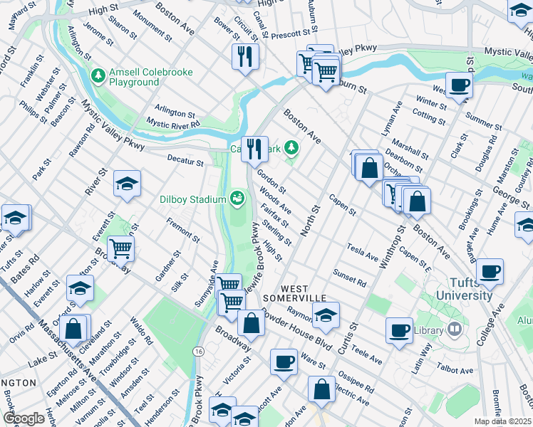 map of restaurants, bars, coffee shops, grocery stores, and more near 70 Woods Avenue in Somerville
