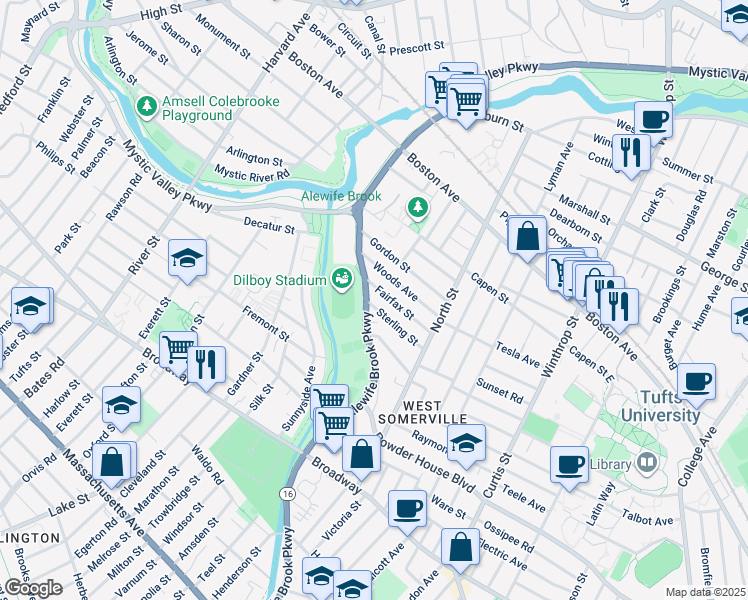 map of restaurants, bars, coffee shops, grocery stores, and more near 70 Woods Avenue in Somerville
