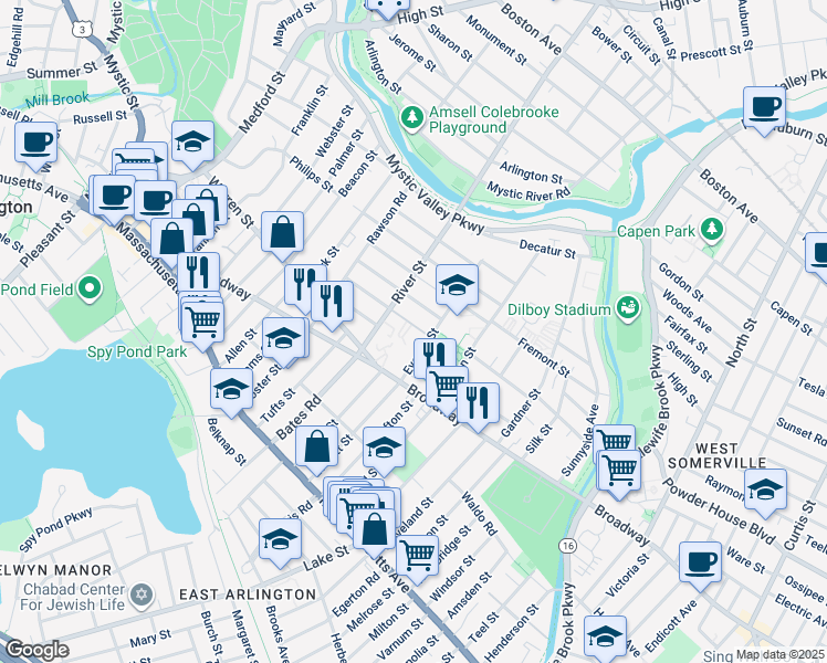 map of restaurants, bars, coffee shops, grocery stores, and more near 7 University Road in Arlington