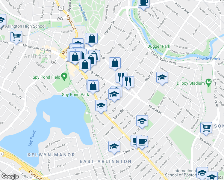 map of restaurants, bars, coffee shops, grocery stores, and more near 234 Broadway in Arlington