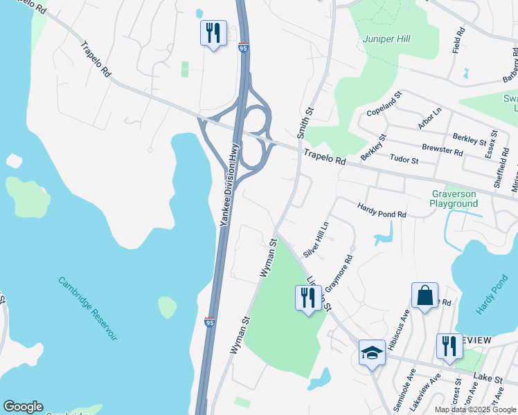 map of restaurants, bars, coffee shops, grocery stores, and more near 765 Lincoln Street in Waltham