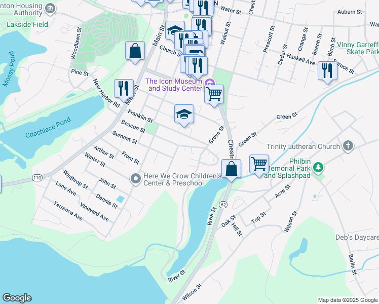 map of restaurants, bars, coffee shops, grocery stores, and more near 157 Franklin Street in Clinton