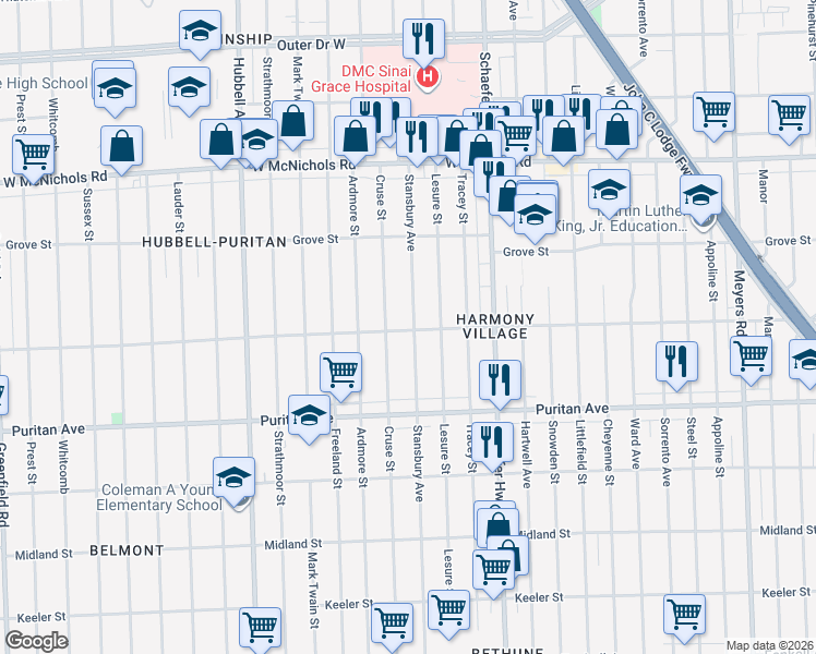 map of restaurants, bars, coffee shops, grocery stores, and more near 16556 Stansbury Avenue in Detroit