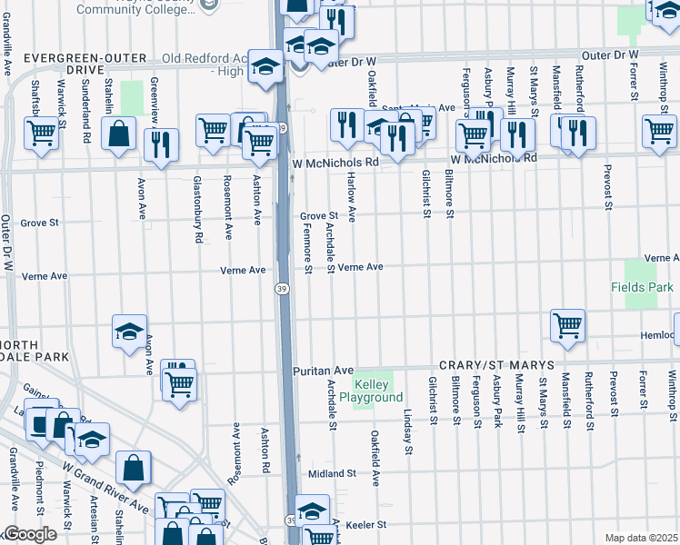 map of restaurants, bars, coffee shops, grocery stores, and more near 16725 Harlow Avenue in Detroit