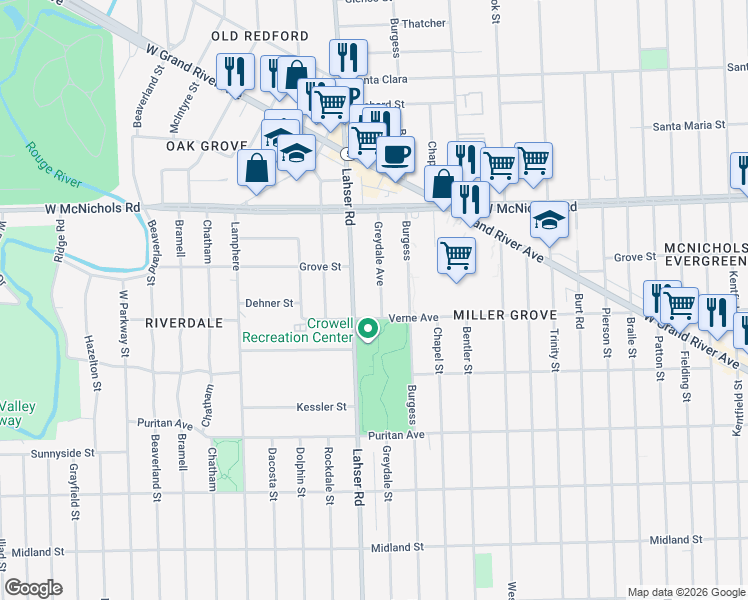 map of restaurants, bars, coffee shops, grocery stores, and more near 16786 Greydale Avenue in Detroit
