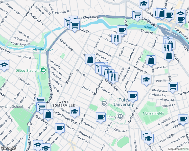 map of restaurants, bars, coffee shops, grocery stores, and more near 308 Boston Avenue in Medford