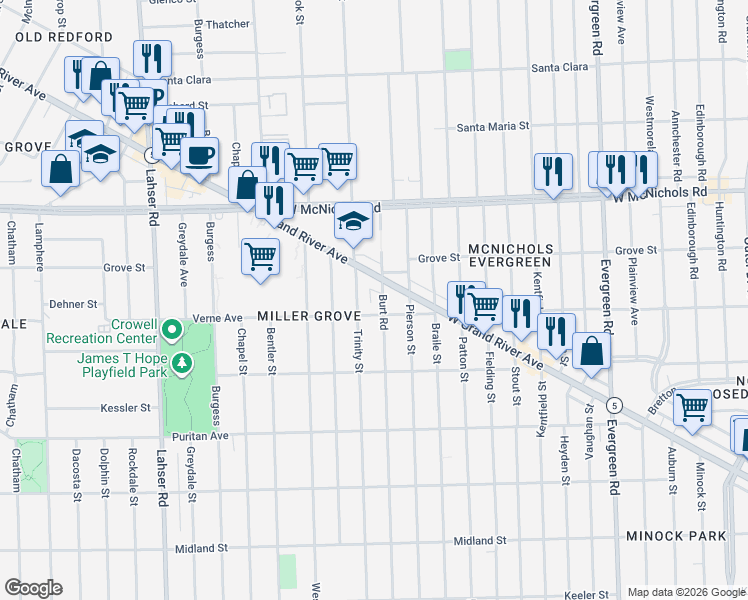 map of restaurants, bars, coffee shops, grocery stores, and more near 16711 Burt Road in Detroit